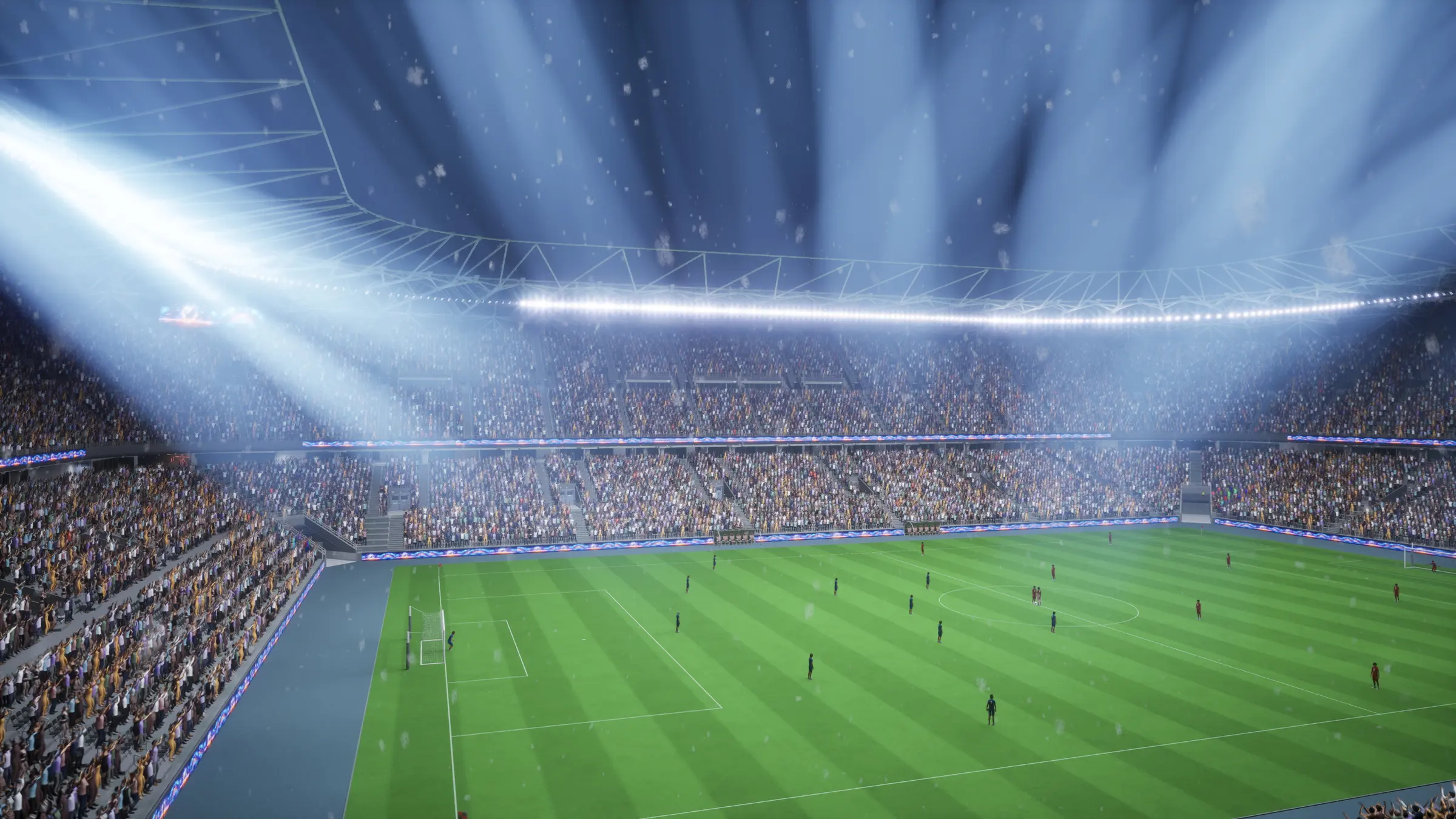 A packed stadium under floodlights during an evening soccer match